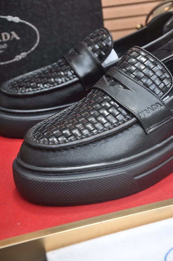 Prada Black Leather Platform Loafers with Weave Pattern
