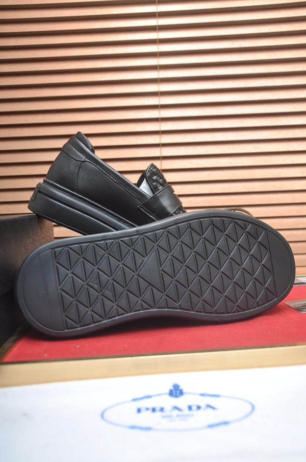 Prada Black Leather Platform Loafers with Weave Pattern