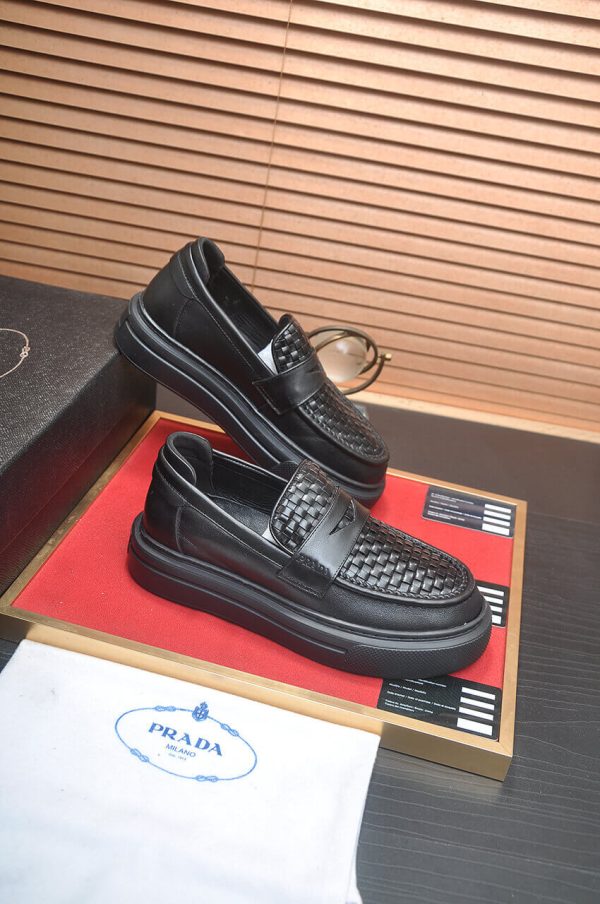 Prada Black Leather Platform Loafers with Weave Pattern