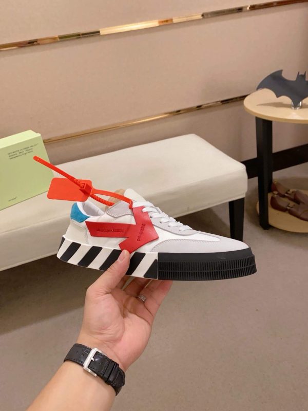 Off-White Floating Arrow Low Vulcan Leather Sneaker in White and Red