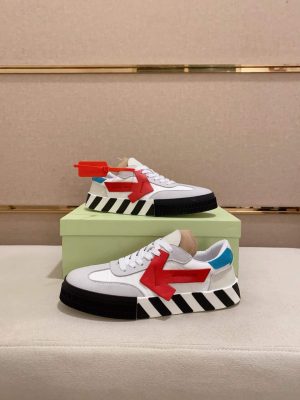 Off-White Floating Arrow Low Vulcan Leather Sneaker in White and Red