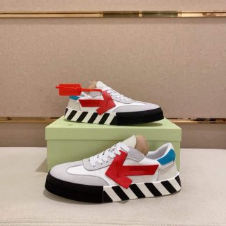 Off-White Floating Arrow Low Vulcan Leather Sneaker in White and Red