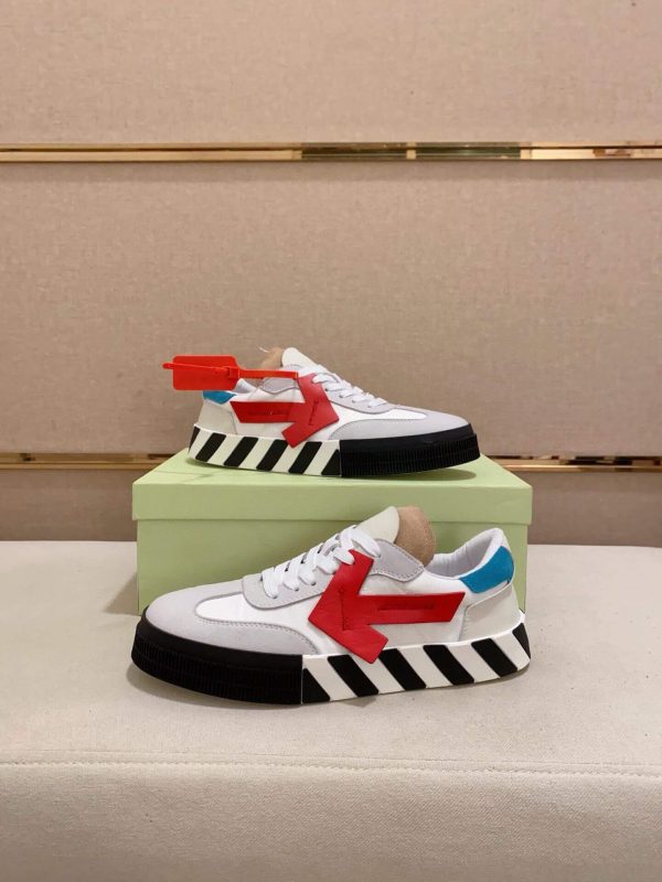 Off-White Floating Arrow Low Vulcan Leather Sneaker in White and Red