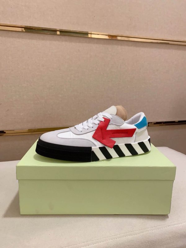 Off-White Floating Arrow Low Vulcan Leather Sneaker in White and Red