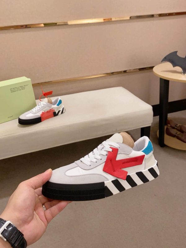 Off-White Floating Arrow Low Vulcan Leather Sneaker in White and Red