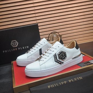 Philipp Plein White Lo-Top Leather Arrow Force Sneakers with Black Detail