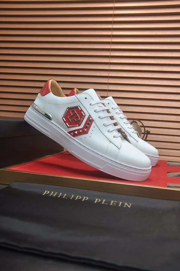 Philipp Plein White Lo-Top Leather Arrow Force Sneakers with Red Details