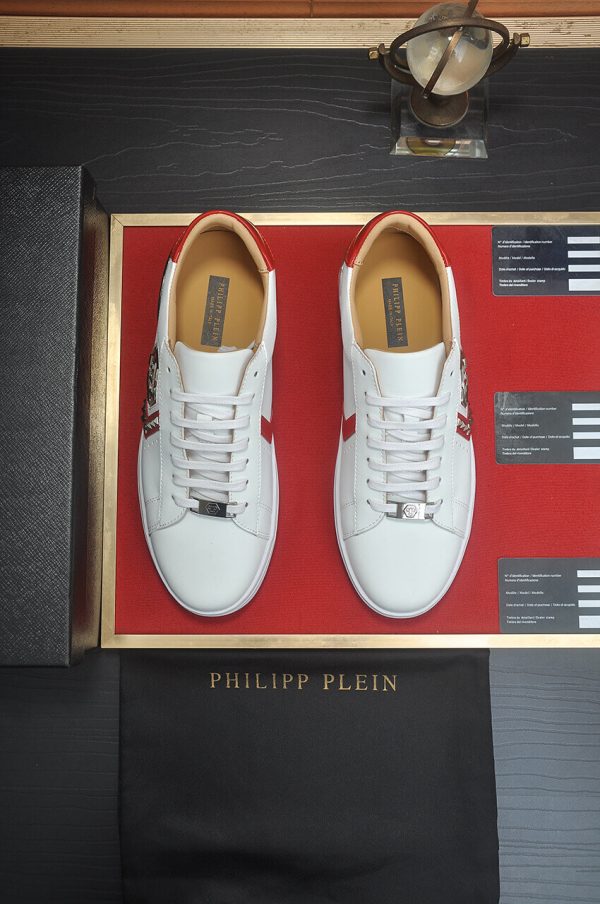 Philipp Plein White Lo-Top Leather Arrow Force Sneakers with Red Details