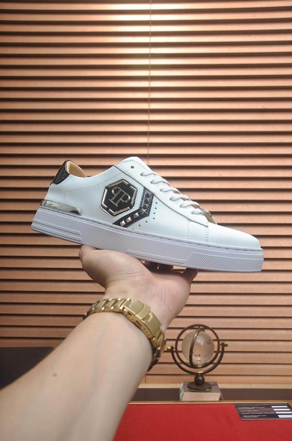 Philipp Plein White Lo-Top Leather Arrow Force Sneakers with Black Detail