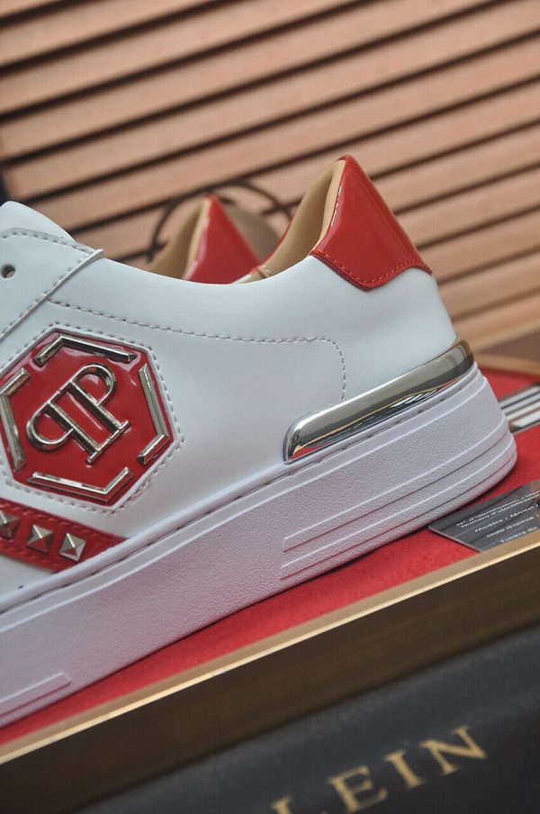 Philipp Plein White Lo-Top Leather Arrow Force Sneakers with Red Details