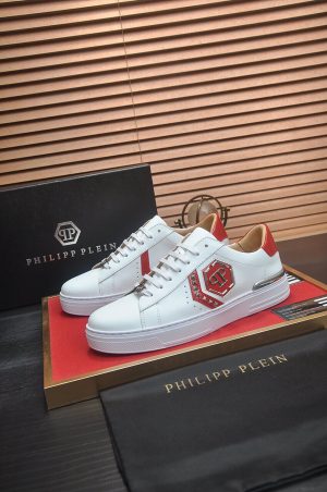 Philipp Plein White Lo-Top Leather Arrow Force Sneakers with Red Details