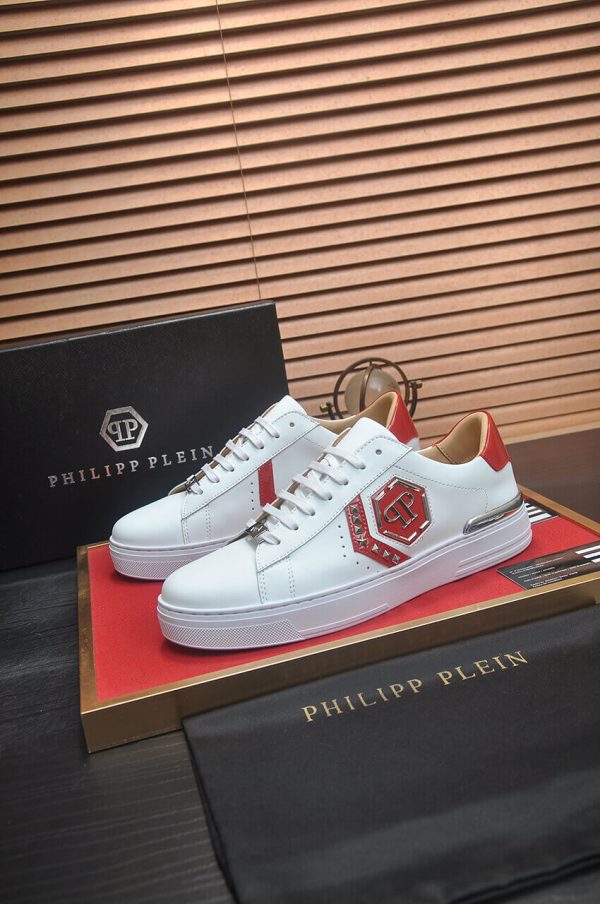 Philipp Plein White Lo-Top Leather Arrow Force Sneakers with Red Details