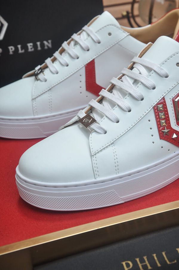 Philipp Plein White Lo-Top Leather Arrow Force Sneakers with Red Details