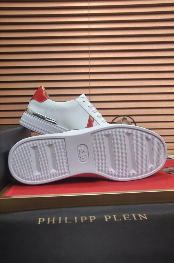 Philipp Plein White Lo-Top Leather Arrow Force Sneakers with Red Details