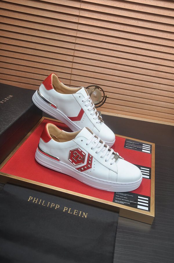 Philipp Plein White Lo-Top Leather Arrow Force Sneakers with Red Details