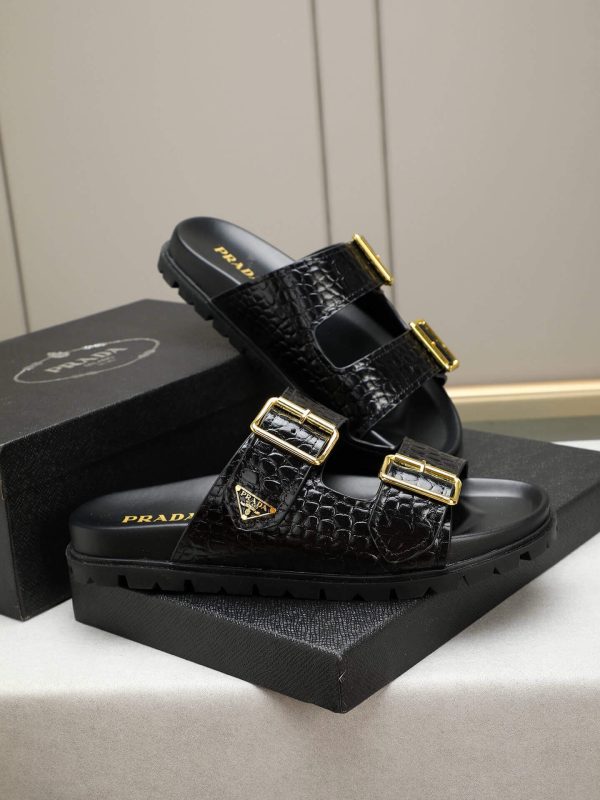 Prada Black Croco Buckle Dual-Band Sandals