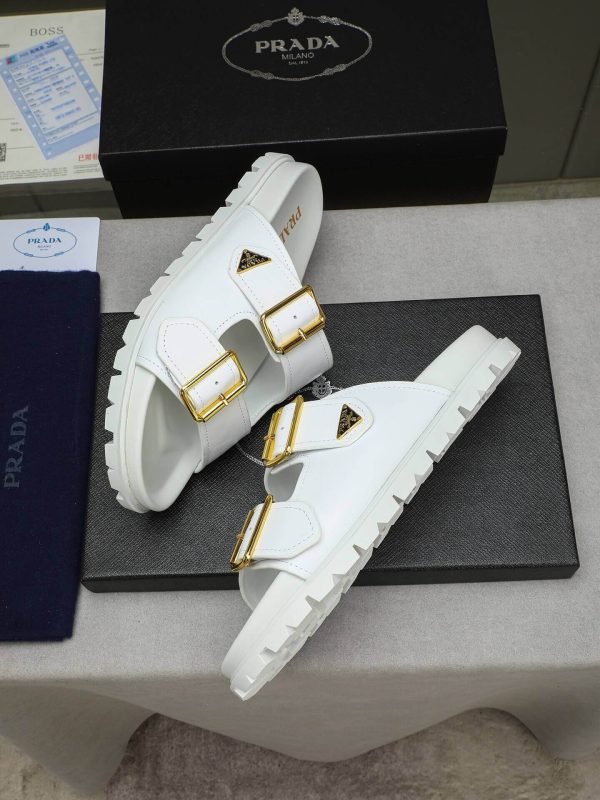 Prada White Leather Buckle Dual-Band Sandals