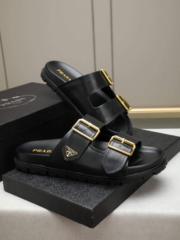 Prada Black Leather Buckle Dual-Band Sandals