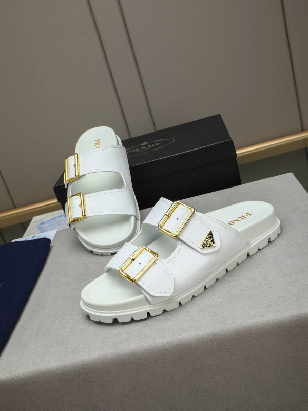 Prada White Leather Buckle Dual-Band Sandals