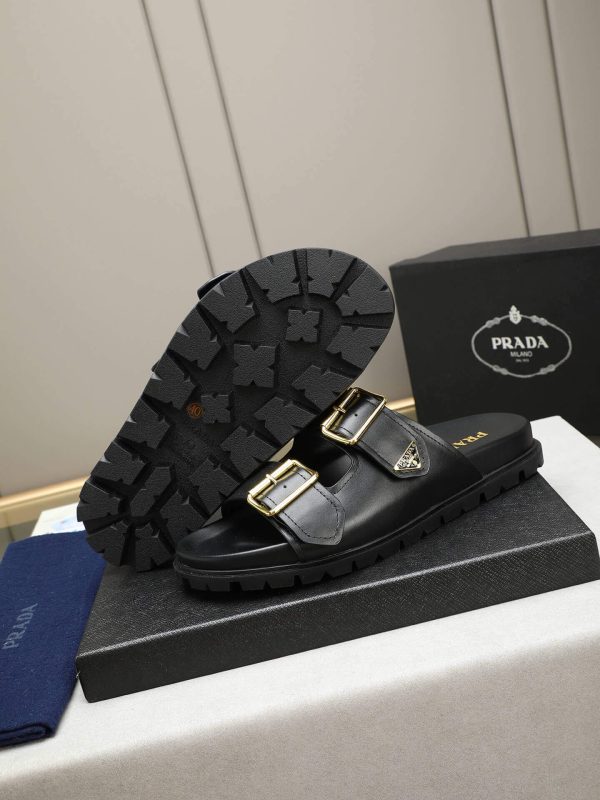 Prada Black Leather Buckle Dual-Band Sandals