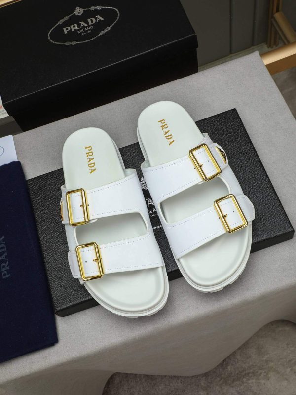 Prada White Leather Buckle Dual-Band Sandals