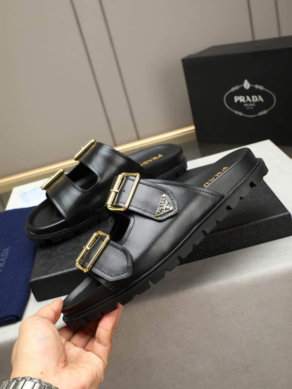 Prada Black Leather Buckle Dual-Band Sandals