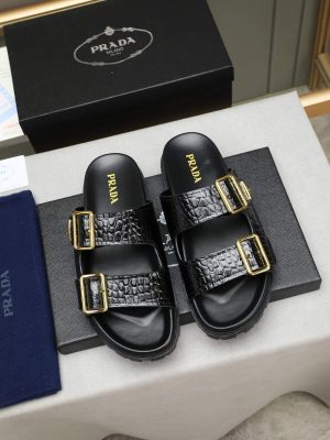 Prada Black Croco Buckle Dual-Band Sandals