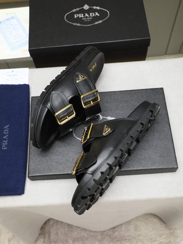 Prada Black Leather Buckle Dual-Band Sandals