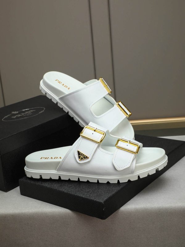 Prada White Leather Buckle Dual-Band Sandals