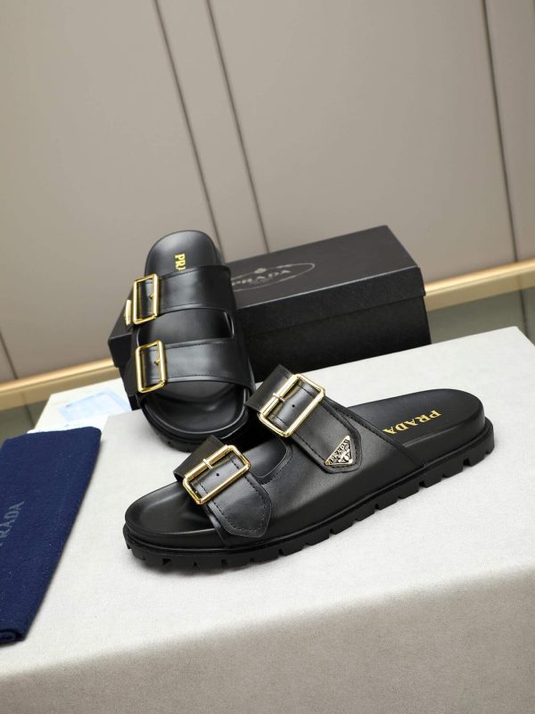Prada Black Leather Buckle Dual-Band Sandals