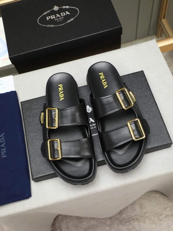 Prada Black Leather Buckle Dual-Band Sandals