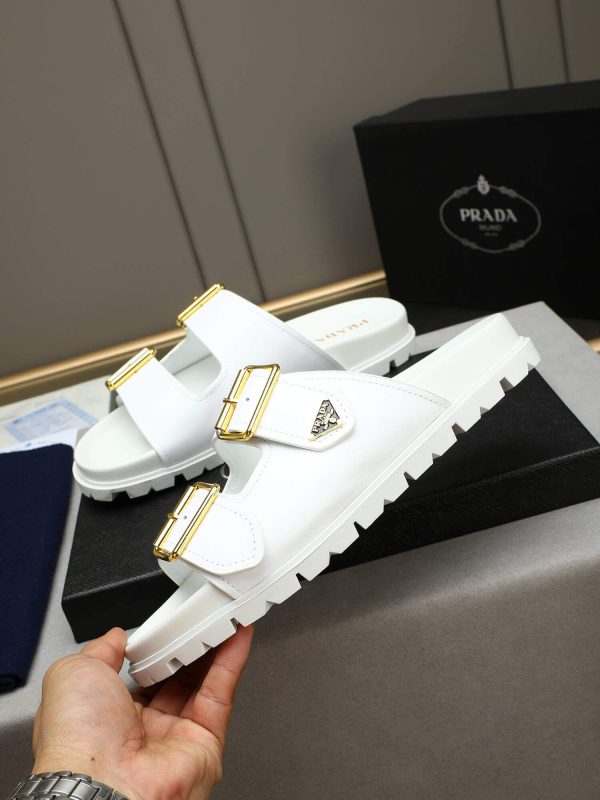 Prada White Leather Buckle Dual-Band Sandals