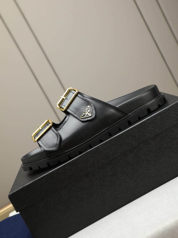 Prada Black Leather Buckle Dual-Band Sandals