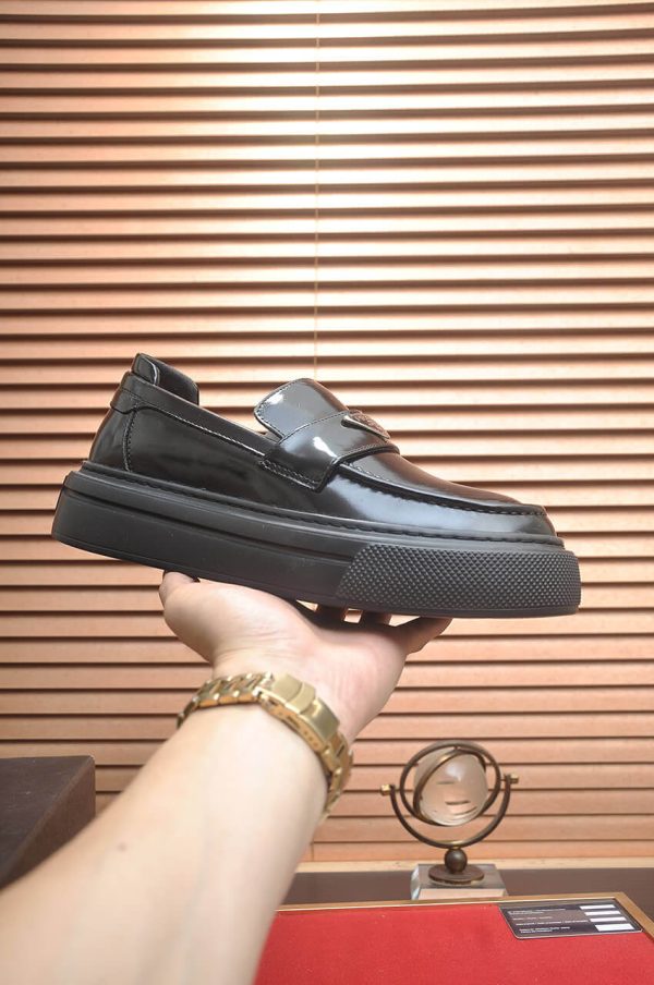Prada Black Polished Leather Platform Loafers with Enamel Triangle Logo