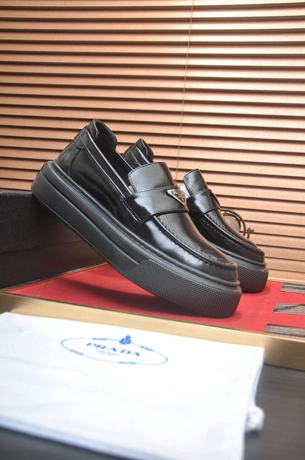 Prada Black Polished Leather Platform Loafers with Enamel Triangle Logo