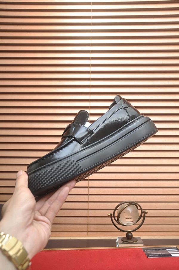 Prada Black Polished Leather Platform Loafers with Enamel Triangle Logo