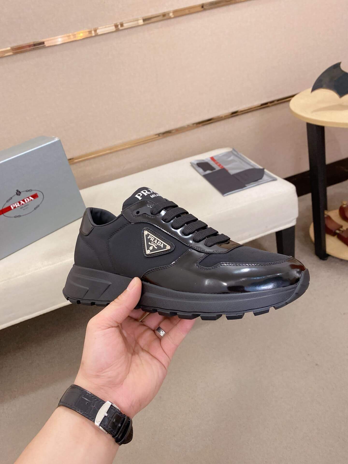 Prada Prax 01 Re-Nylon and Brushed Leather Sneakers in All Black 3 Prada Prax 01 Re-Nylon and Brushed Leather Sneakers in All Black - Image 3