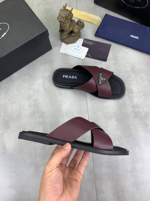 Prada Burgundry Saffiano Leather Crisscross Slides
