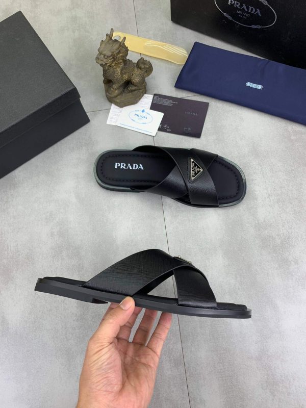 Prada Black Saffiano Leather Crisscross Slides