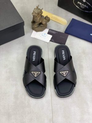 Prada Black Saffiano Leather Crisscross Slides
