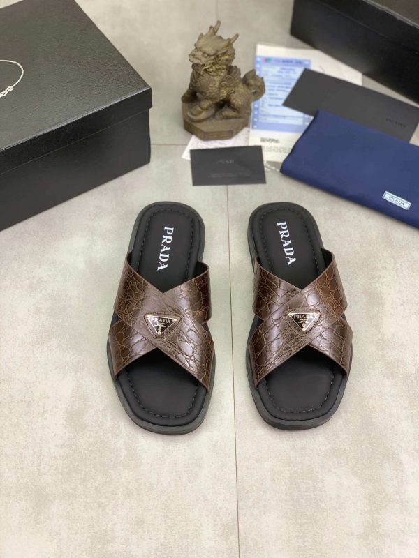 Pradamen_sbrownleathercrisscrosssandals_1 Prada Brown Crocodile Leather Crisscross Sandals