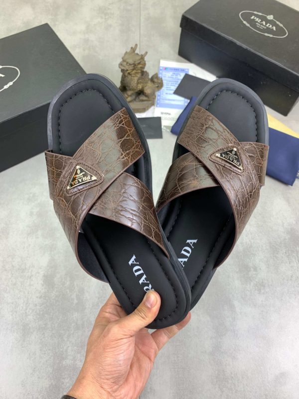 Pradamen_sbrownleathercrisscrosssandals_2 Prada Brown Crocodile Leather Crisscross Sandals