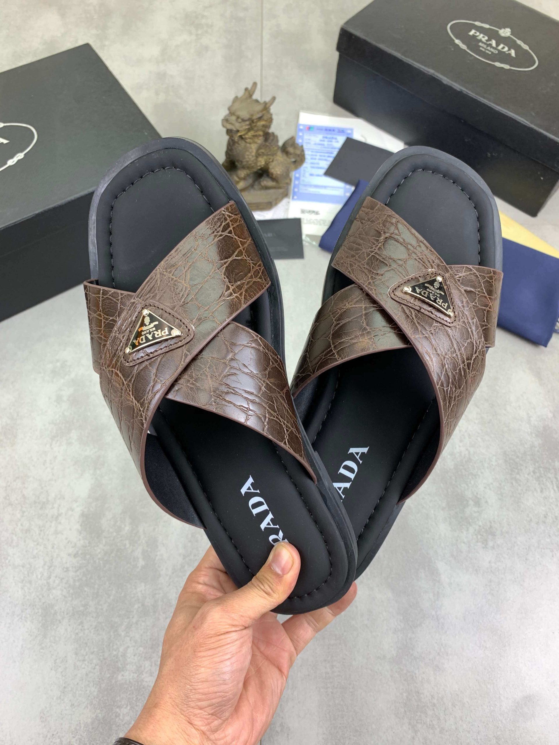Prada Brown Crocodile Leather Crisscross Sandals 4 Prada Brown Crocodile Leather Crisscross Sandals - Image 4
