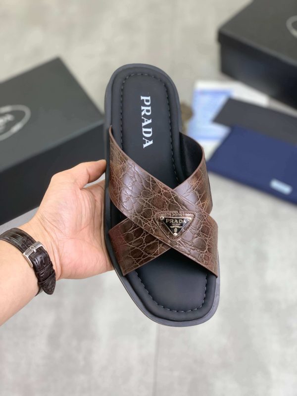 Pradamen_sbrownleathercrisscrosssandals_9 Prada Brown Crocodile Leather Crisscross Sandals