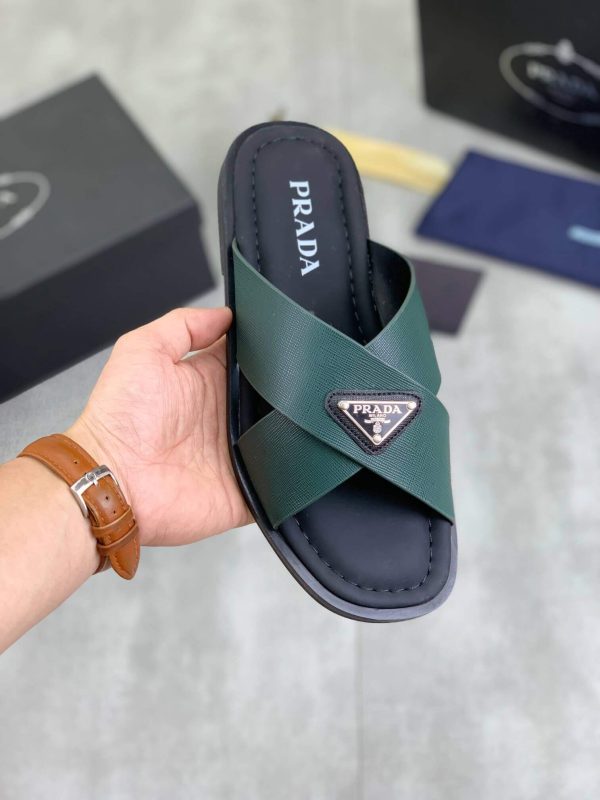 Pradamen_scrisscrosssandalsingreenleather_1 Prada Green Saffiano Leather Crisscross Slides