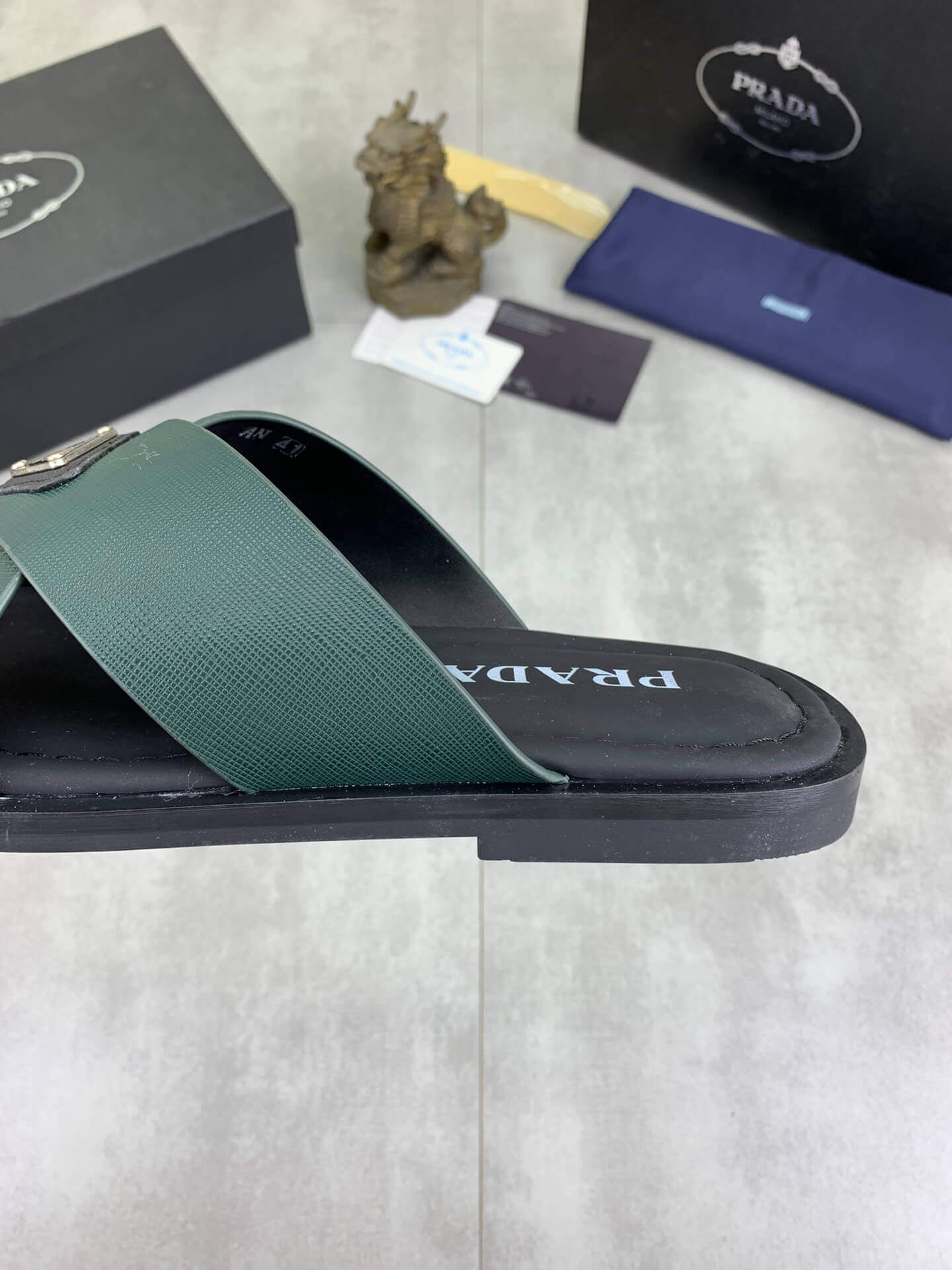 Prada Green Saffiano Leather Crisscross Slides 9 Prada Green Saffiano Leather Crisscross Slides - Image 9