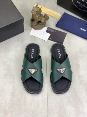 Prada Green Saffiano Leather Crisscross Slides