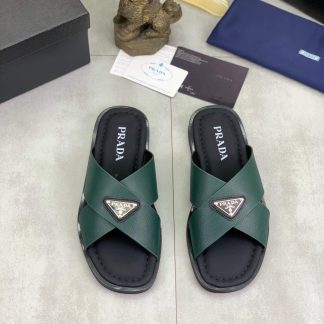 Prada Green Saffiano Leather Crisscross Slides