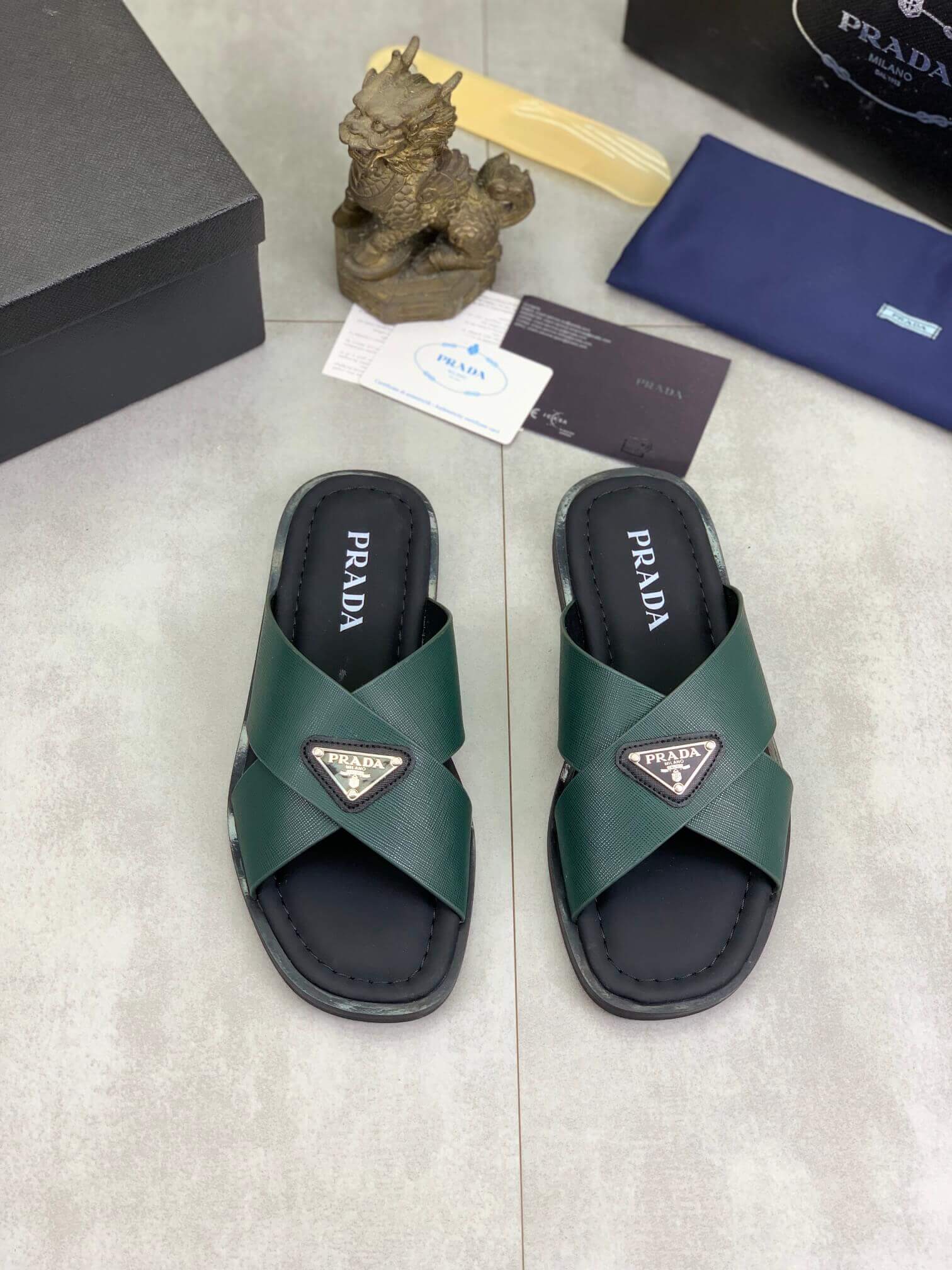 Prada Green Saffiano Leather Crisscross Slides 1 Prada Green Saffiano Leather Crisscross Slides