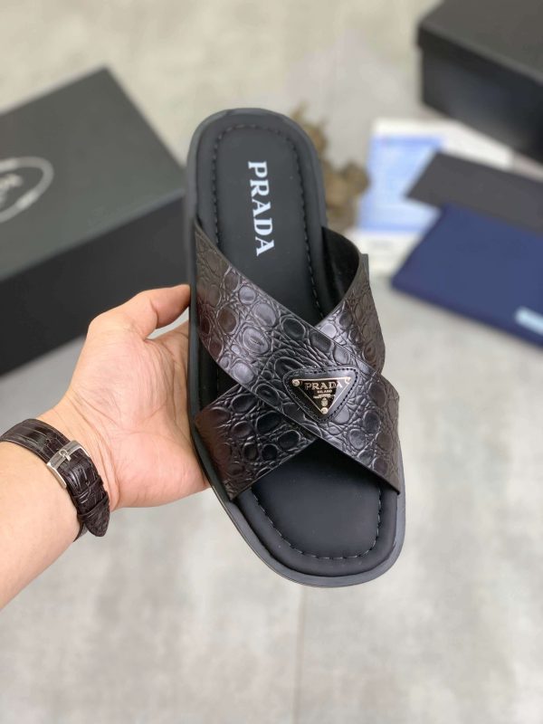 Pradamen_sleathersandalsinblack_1 Prada Black Crocodile Leather Criss-Cross Sandals